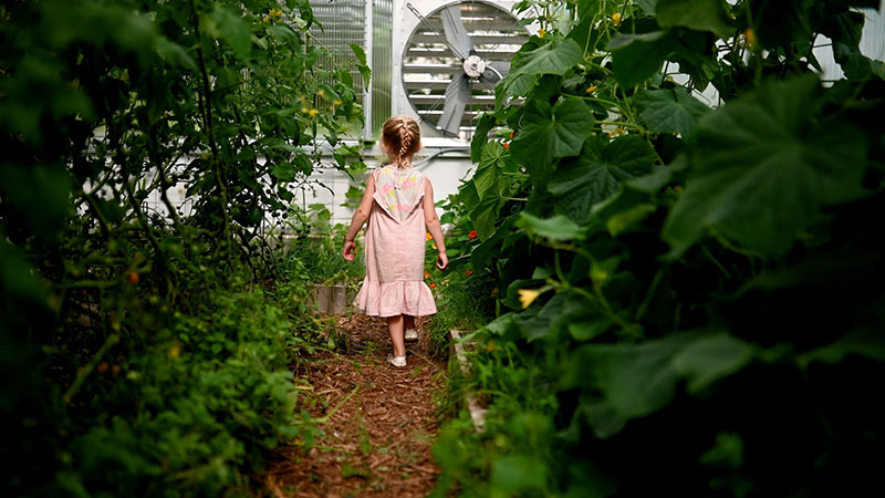 can my greenhouse feed my family- girl in greenhouse