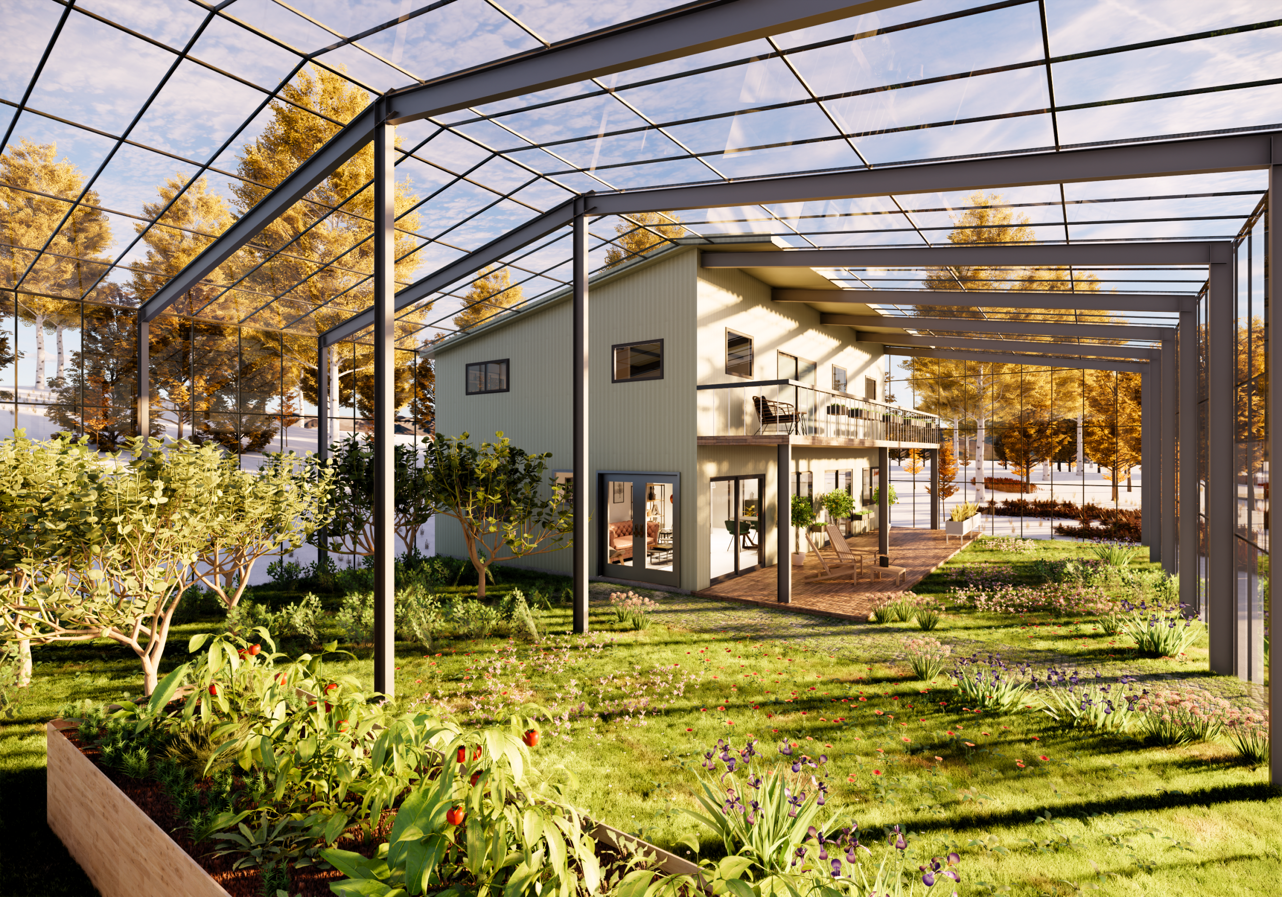 Residential glass house kit with Vesta Naturehouse greenhouse structure