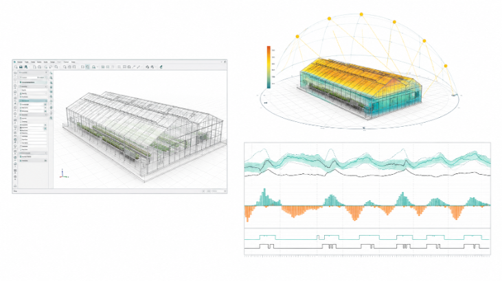 IESVE greenhouse energy model showing the 3D building model, a solar exposure map, and hourly heating and cooling load results